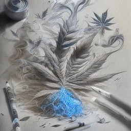 Sketch a pencil drawing composition where swirling smoke patterns fill the canvas, with asymmetrical clusters of crushed weed leaves dispersed throughout, creating a balanced yet dynamic arrangement.