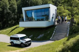 Photo of a futuristic cabin with a building shape inspired by the infinity symbol in plan and the x cross in elevation. Glass facades are interspersed between the curved walls, which become steps to climb to the roof, where there is a terrace. There is a driveway with a luxury jeep parked that is on the same elevation plane as the roof, with a path leading down to the building on the side of the hill. It has a biomimetic design, carbon neutral and zero energy. There are hikers in the distance an