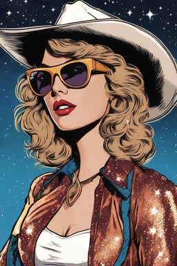 1980s comic book colorful illustration, medium close image of taylor swift in a cute sparkly cowboy outfit, posing in sunglasses