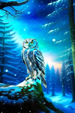 Beautiful snow owl in a magical forest with magical cosmic sky.