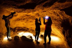 two women holding flashlights discovering a huge stone sarcophagus inside a cave