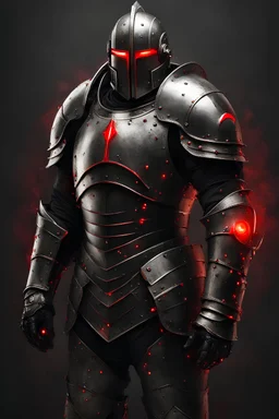 portrait of a large man in a full suit of iron armor, there is a t shaped visor in the helmet and behind the opening is a black void with two glowing red eyes, glowing red eyes, glowing eyes, red eyes, knight armor,
