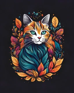 High quality Logo for a store specializing in home-roasted coffee beans using a cat illustration, New York, cool, hands down, nice, a lot of floral decoration, dynamism, high contrast,colorful