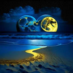 electric heart blue and gold moon on the beach