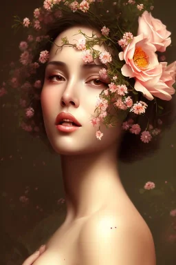 painting of flowers and beautiful girl portrait, scaffolding, decay, textured, anatomically correct, beautiful perfect face, sharp focus, highly detailed