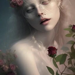 woman lying on satin pilow with closed eyes and cobwebs on face, hands crossed on holding roses, 8k, high-quality, fine-detail, intricate, sharp, crisp, digital art, detailed matte, illustration, octane render, brian froud, howard lyon, Anne Dittman, Anne Stokes, Lisa Parker, Selina French