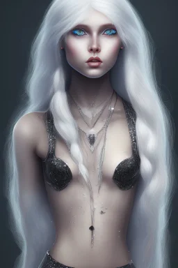 A beautiful young woman with long white hair and blue eyes, pale skin with opal freckles. Wearing a black dress