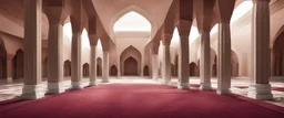 Hyper Realistic Inside View of brown wall mosque with some empty area on side with maroon carpet & White pillars