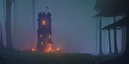 Ruined abandoned overgrown small castle tower in a dense coniferous forest, night, misty, atmospheric, fireflies