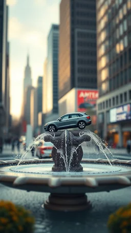 a car standing on its nose a top above sky scrapers in fountain in the style of Escher, bokeh like f/0.8, tilt-shift lens 8k, high detail, smooth render, down-light, unreal engine, prize winning