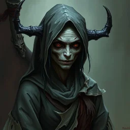 The demon witch, Lorissa Nightshade, appears as a gaunt, pale woman with hollowed out eyes and wearing tattered and torn robes. Grimdark realistic