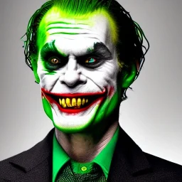 Willem Defoe as the Joker, Black Suit, Green hair, Bloody lips, Smiling