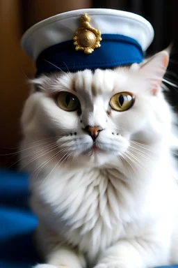 retrato de un gato blanco peludo de ojos celestes con gorro y uniforme militar