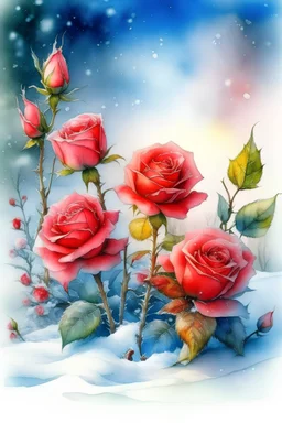 magic Winter landscape, blooming roses in the snow. Jean-Baptiste Monge style, watercolor, ink. Picturesque and colorful. Bright colors of the ring exquisitely luxury chic aesthetics photo harmony professional photo 64K pixel graphics high detail bright lighting