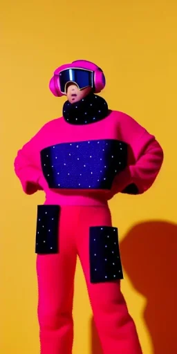 Photo Alina Li, thick thigh, thick calves. colors in 2023! Futurism, 90's, daft punk , turtle neck Printed Dots, plants.Mantle is sewed of recycled Denim and sewed together felt pieces and airy, big turtleneck.Big headphones, with gold rings, is merged with small felt cap with small visor. A bag is integrated to the mantle. Big camouflage Patterns are composed of orange, cream, cobalt blue, lilac and purple and warm colours. BAGGY LATEX. It is with big bright purple felt hood, tippet Apricot