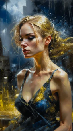 a beautiful woman with golden hair in starry night sleeveless gown rainy night, thunder lightning, art by Greg Rutkowski, WLOP, Baptist Monge, Michael Garmash, Alberto Seveso and Russ Mills