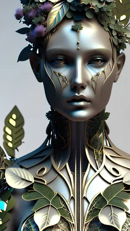 3D render ultra detailed of a beautiful angel, from knee to head, biomechanical cyborg, analog, 35 mm lens, beautiful natural soft rim light, big leaves and stems, roots, fine foliage lace, colorful details, samourai, pearl earring, heavely tattoed, intricate details, mesh wire, mandelbrot fractal, facial muscles, cable wires, microchip, badass, hyper realistic, ultra detailed, octane render, volumetric lighting, 8k post-production, red and white, detailled metalic bones, semi human, by Glenn Br