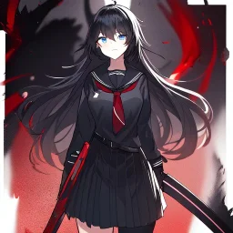 Clear focus, High resolution, long black fluffy hair, blue eyes, wearing a black sailor uniform, red tie, yandere, rough line sketch, dark aura, holding a katana