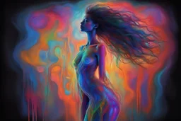 3d neon art of this woman's body, looking at us, digital art, refined, elegant, key light, fill light, backlight, dramatic lighting, colorful, vibrant, dark, blended colors, large brush strokes, sense of depth, natural hair, professional, no watermark, styles of Paul Klee Dee Nickerson and Tim Burton, melting watercolor and black ink outlines on wet paper, soft, shading strokes, in sunshine, ethereal, otherwordly, cinematic postprocessing, bokeh, dof