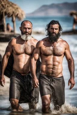 half figure shot photography of two angry strong muscular beefy hairy burly 40 years old ugly arab fishermen, short beard, shaved hair, shirtless, manly chest, bulging swimwear, angry eyes, walking on the beach in the sun, side light, sweat and wet, ground view angle