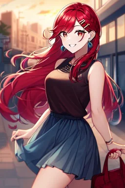 girl, masterpiece, best quality, cinematic lighting, detailed outfit, vibrant colors, perfect eyes, red hair, red eyes, long hair, braided ponytail, hairclip, earrings, smile, casual clothes,