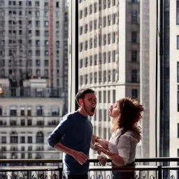 a man and a woman screaming at each other on a balcony, downtown new york, dramatic, dramatic lighting, volumetric lighting, hyperrealism, 8k, high quality, photorealistic, lot of details