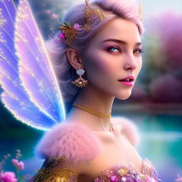 enlighten, light pink colors, beautifull woman of happy smiling blond bright fairy with wings, crystals, blue gold dress, blue sky, flowers landscape all colors trees pink, , water river . 8 K, fantasy