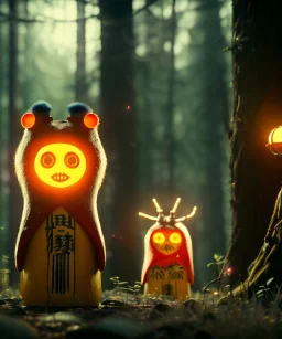 Wes Anderson photographer, night forest, Ultra realistic matryoshka, Japanese style, wide angle view, magic, fireflies, soft color, highly detailed, unreal engine 5, ray tracing, RTX, lumen lighting, ultra detail, volumetric lighting, 3d, finely drawn, high definition.