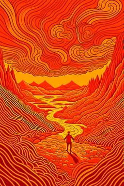 this is the poster for the film 'i can't be everywhere', in the style of intricate psychedelic landscapes, hyper-realistic animal illustrations, dark beige and orange, simplistic vector art, surreal 3d landscapes, detailed hunting scenes, flowing lines