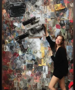 happy beautiful girl holding big proffesional camera in studio. street art, oil on canvas, spray paint, collage, letters, newspapeers, Dave McKean, Vladimir Fedotko, Saturno Butto, Vaughn Bodé, Frank Wu, James C. Christensen, collage, dirty, paint dripping, radiant