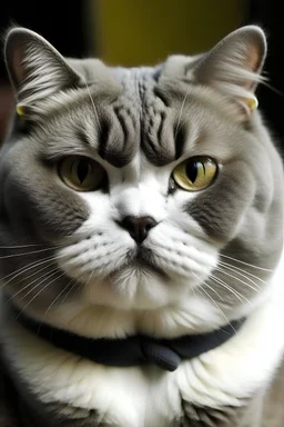 un gato gris y blanco re gordo, con bigotes como Hitler