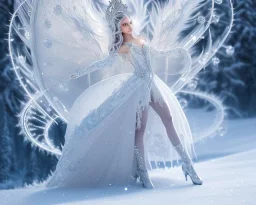 mdjrny-v4 style, a white dragon with fairy-like transparent glowing and shining wings standing in snow, full body, silver lightning, glowing soft and smooth wings, realistic, highly detailed intricately detailed, shiny snowy background, soft studio lighting, trending on artstation, by "Julie Bell"