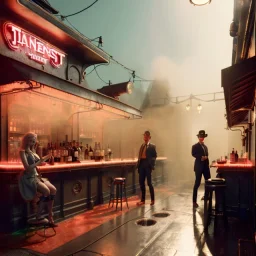 Ultra realistic tarantino bar, party, people background. Danger sweet woman, waist up view. Steampunk style, epic, yellow smoke fog, hottest, highly detailed, concept art, unreal engine 5, god rays, ray tracing, RTX, lumen lighting, ultra detail, volumetric lighting, 3d, finely drawn, high definition, high resolution.