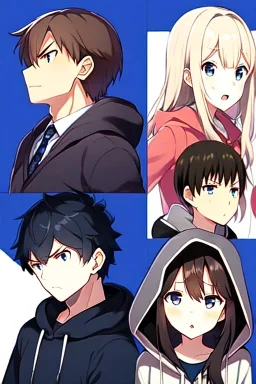 anime style, two girls, two boys, students, hood, angry, high quality, detailed.