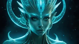 The photo features a bioluminescent and bioluminescent art style depicting a divine female alien god. Bioluminescent moist translucent glowing skin, ethereal glowing eyes, extra long neck, medium front third eye, large head fins and ear fins show off a charming, perfect face in ultra-realistic detail. The composition imitates a cinematic film with dazzling, gold and silver lighting effects. Intricate details, sharp focus, crystal clear skin create high detail.