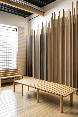 Arrange wooden dowels in various lengths to create a dynamic wall installation. Create a elevational mockup of the installation in a space