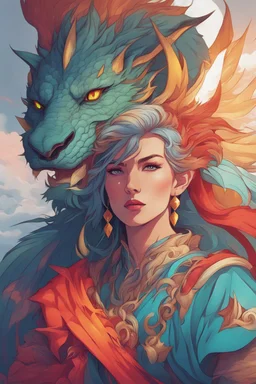 A dragon mixed with a mythical lion and a human female elf.Dramatic and powerful look and feel. Extensive attention to details. Bold lines. Vivid colors. 80s style retro anime art. Double exposure. cartoon style.