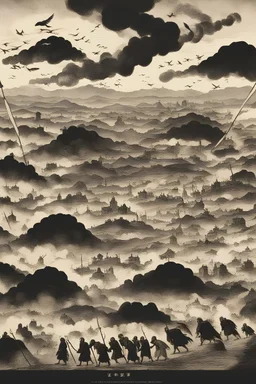 Design an image capturing the spread of the Black Death across asia, with ominous clouds symbolizing the plague's swift dissemination from Sicily to other regions.