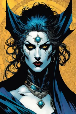 create an arcane, ethereal, otherworldly female Ravnos ancient antediluvian vampire sorceress , in the comic book art style of Mike Mignola, Bill Sienkiewicz, John Romita Jr., Leonardo Romero, Simone D'ARMINI, and Jean Giraud Moebius, with highly detailed feminine facial features , finely penciled and inked , dramatic natural lighting