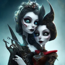 extrem tim burton style of the evil stepsisters, sharp focus, beautiful eyes