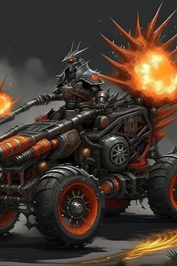 An advanced motorcycle with four wheels and a turbo jet in the back with rockets and machine guns Sauron, the lord of darkness, with the devil and his army, in the land of destruction