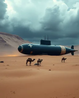 A nuclear submarine left in the desert with sands camels and stormy clouds ,