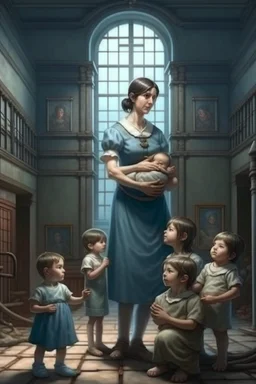 a giant woman protect 3 children, realistic style, interior of asylum