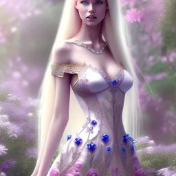 corps entier avec pieds de belle jeune femme féerique blonde avec cheveux longs, yeux bleus , beau visage détaillé, robe longue rose, dans un jardin magique et fleuri