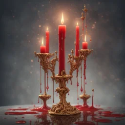 Red candles on a three-armed gold candlestick, dripping wax. Illustrative art, art interpretation, concept art, cgsociety contest winner, seasonal art, seasonal art HD, 4k, 8k, intricate, detailed, intricately detailed, luminous, translucent fantasy crystal, holographic data, soft body, shadow play, light, fog, atmospheric, cinematic, light film, hyper-detailed, hyper-realistic, masterpiece, atmospheric, high resolution, 8k, HDR, 500px, mysterious and artistic digital art, phototic, intricate, f