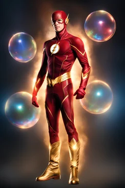 Grant Gustin as The Flash with gold boots - 3D bubbles, 3D hearts, multicolored lightning, aurora borealis, UFOs, Devil's Tower, fireflies, professional quality digital photograph, happy time