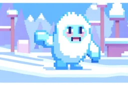 Nintendo DS-style pixel art of an In-Training Epi-Yeti, cute with rosy cheeks, playfully chasing after a pixelated germ, set in a snowy playground with soft hues.