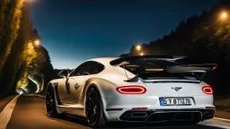 A sleek white shiny (((bentley x porsche))), (((cinematic view))), zipping along a winding road under a beautiful blue black night sky