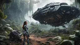 Wide-angle, woman with straight hair, dressed like a robot, with equipment in her hands, next to a crashed spaceship, in a clearing on an alien jungle world