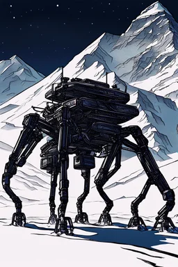 a minimalist silhouette of a sleek mechanical walker with eight legs scaling a very steep snow covered side of mout everest at night, it has a smooth surface, it has storage pods on its belly and humans can fit in the pods